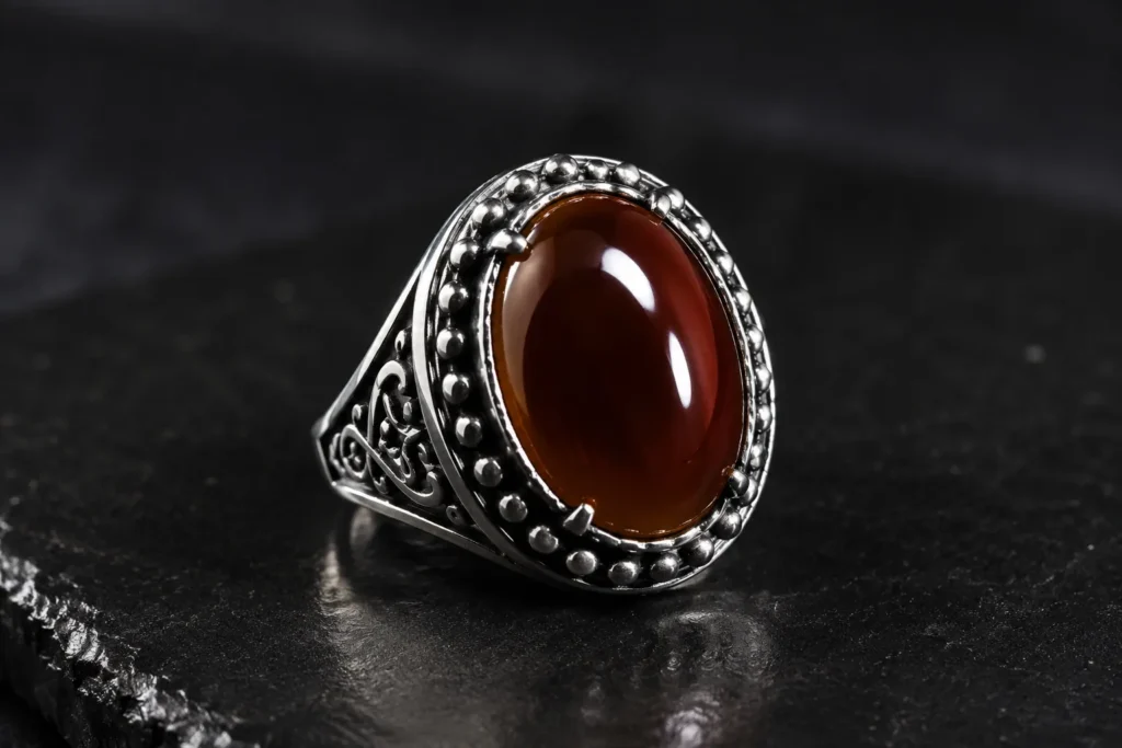 Bague homme à cabochon effet pierre portée à la main